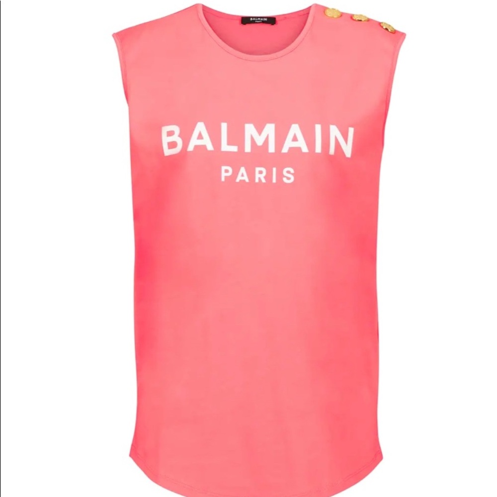 BNWT Balmain Cotton Tank Top with 3 gold tone buttons along one shoulder.